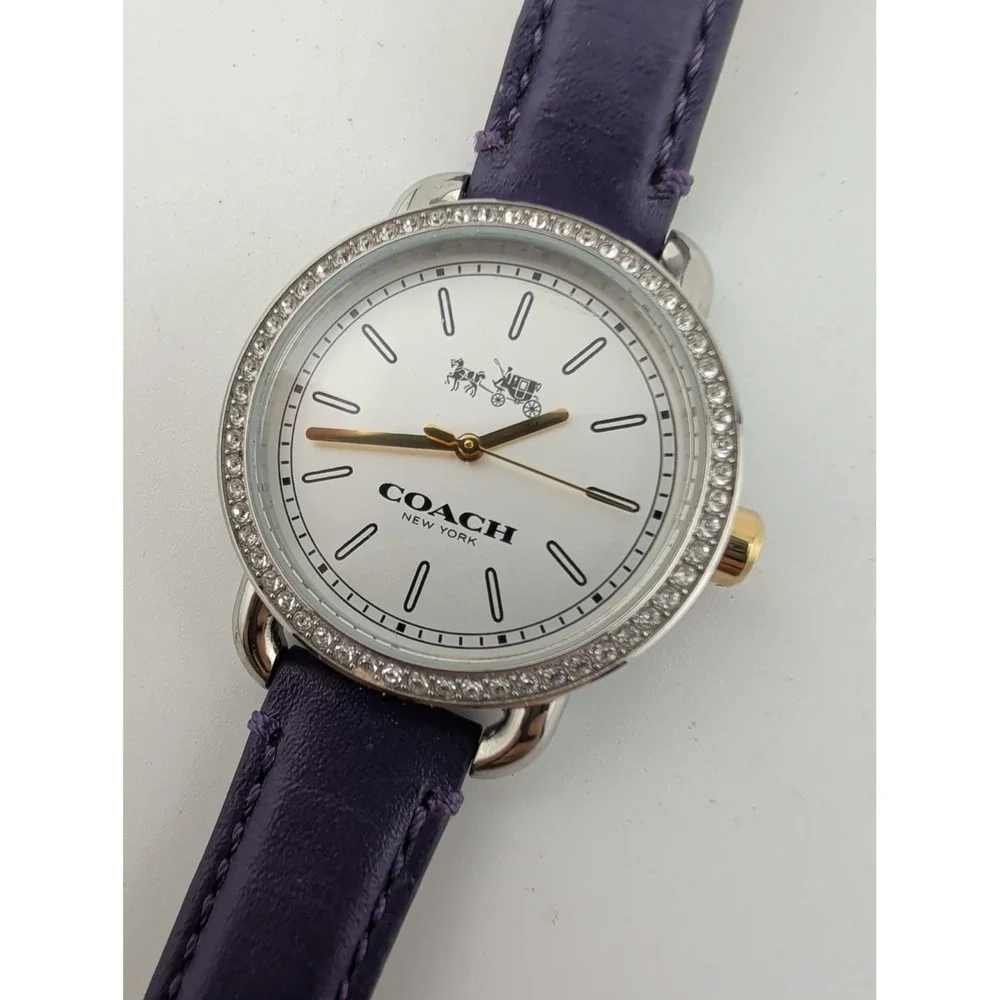 Coach Lex Watch 32mm Silver Case Crystal Bezel Purple Leather Band- New Battery